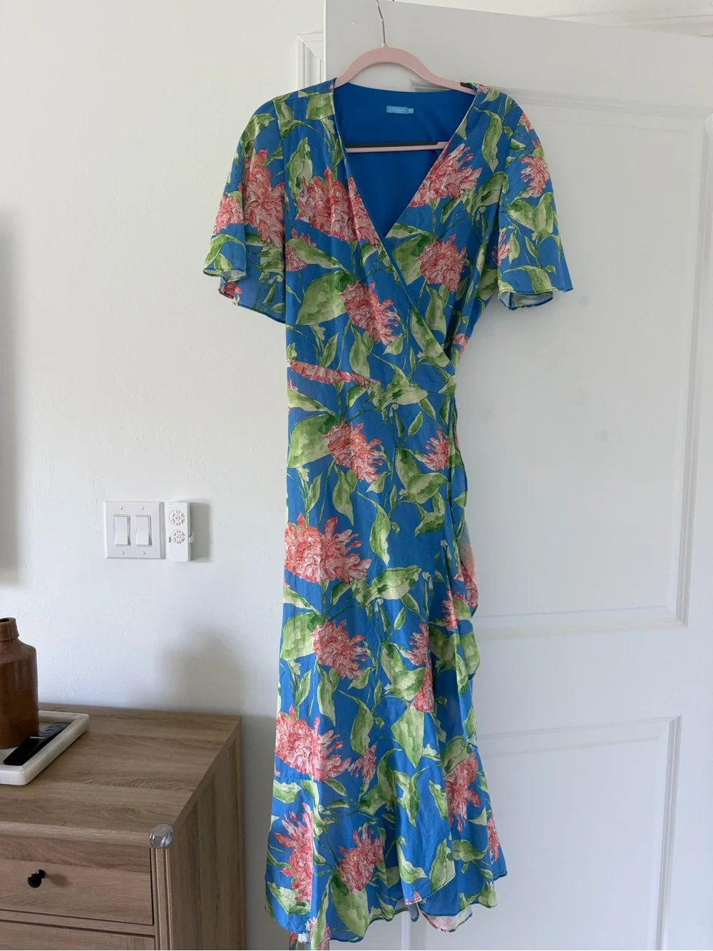 J McLaughlin Blue Cross Floral Wrap Maxi Dress with Pink Bloom Accents